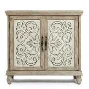 LuxenHome 31.5-Inch Wide Scroll 2-Door Farmhouse Pine Wood Storage Cabinet