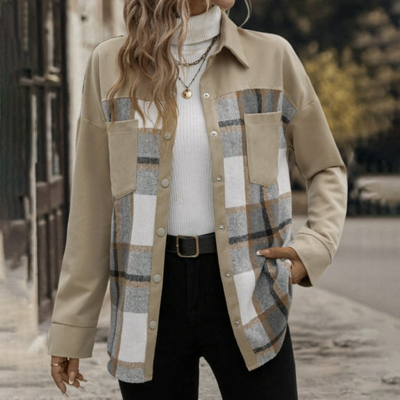 Uootdi Flannel Long Sleeve for Shirt Women Plaid Color Block Jacket Gift Button Down Tartan Trench with Pocket Cropped Fashion Co at