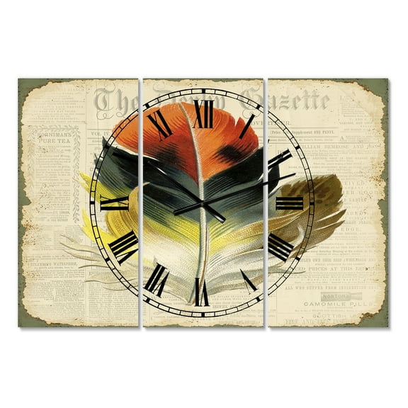 Designart 'Colorful Elegant Feather On Old Style Newspaper III' Oversized Cottage Wall Clock