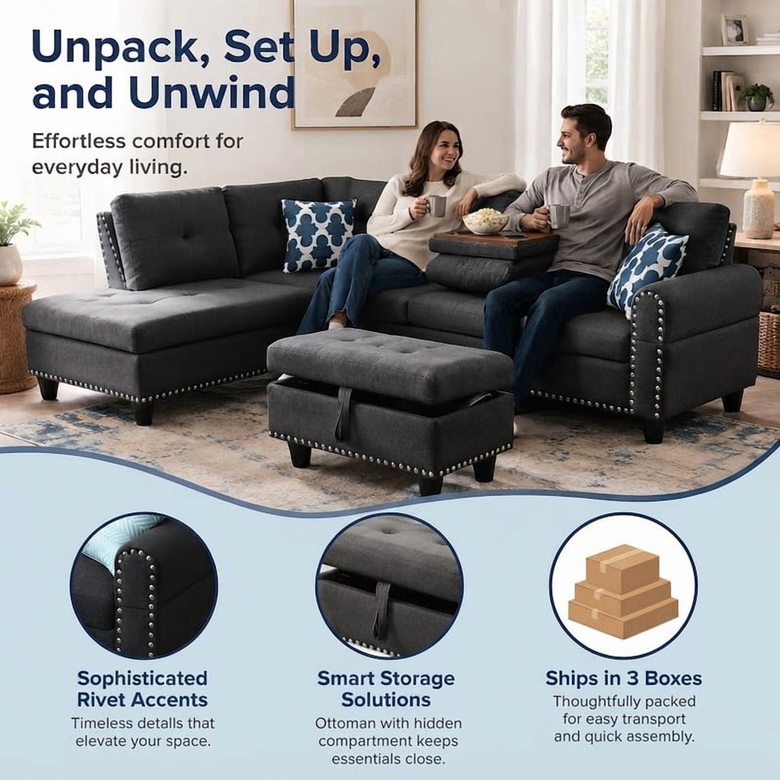 98" L-Shaped Sectional Sofa with Storage Ottoman, 4-Seat Linen Upholstered Modular Couch with Left Chaise, Drop-Down Backrest with Cup Holders, Nailhead Trim, 3-Piece Sofa Set for Living Room, Office