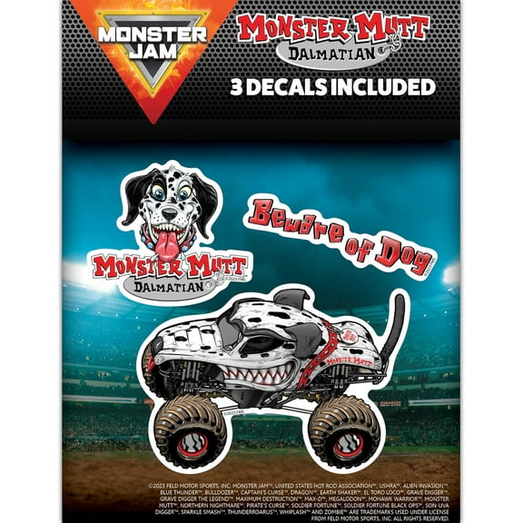 Monster Jam Monster Mutt Dalmatian Decals - Set of 3 Monster Truck Dog Logo Vinyl Stickers for Car, Water Bottle, Laptop, Luggage, Toy Truck