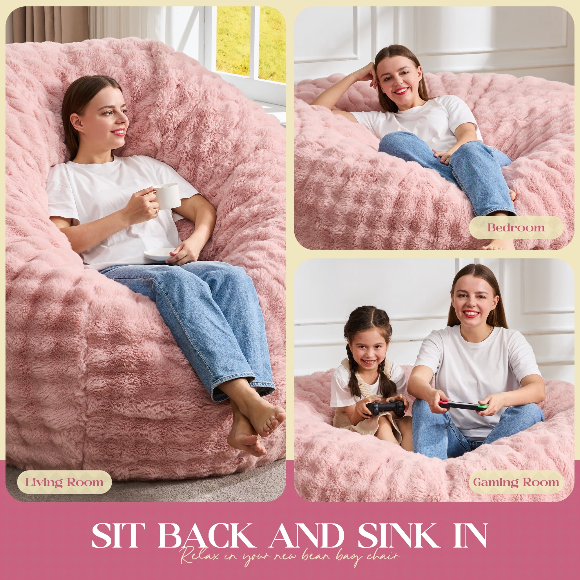 Hobestluk Bean Bag Chairs Beanbag Chair with Filler Adult Bean Bags with Fluffy & Machine Washable Cover, Giant Bean Bag Chairs for Adults (Pink, 3FT-36" x 36" x 22")