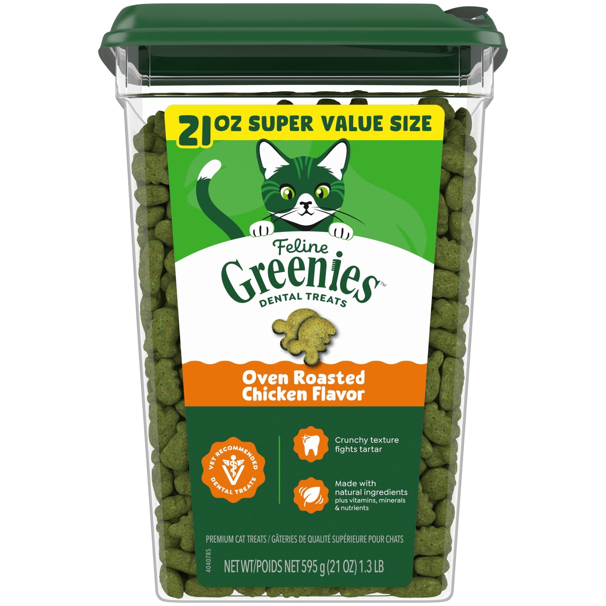 Greenies Feline Oven Roasted Chicken Flavor Adult Natural Dental Cat Treats, 21 oz Tub