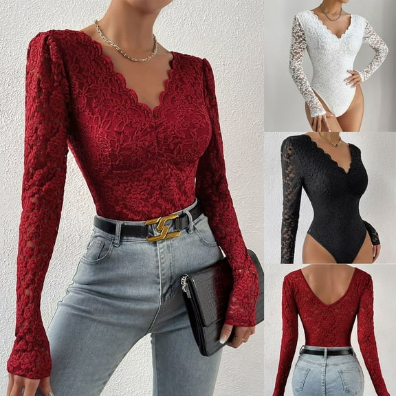 Mrasaso Big Sales,Women Pants,Women’s Long-Sleeved Solid Color Lace Skintight Bodysuit,Sexy Base Lingerie for LayeringBlack L