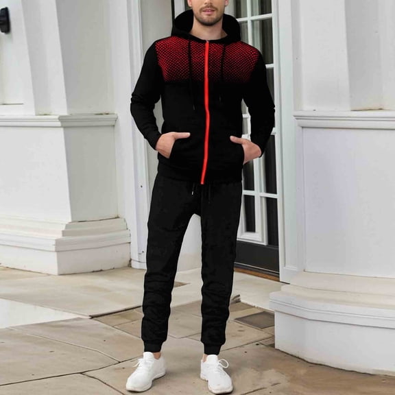 Yusimy Men's Polka Dot 2-Piece Hoodie Set Loose Athletic Zipper Pocket Drawstring Pants Long Sleeve Casual