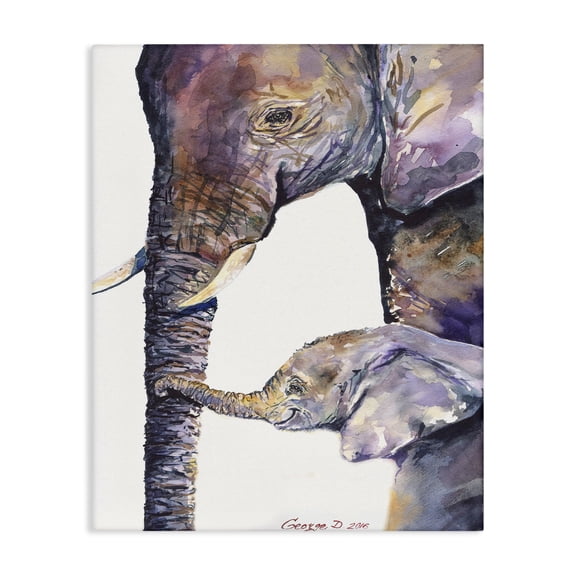 Stupell Industries Rustic Lodge Colorful Cute Baby Elephant Family Animal Purple Watercolor Canvas Art, 16 x 20, by George Dyachenko