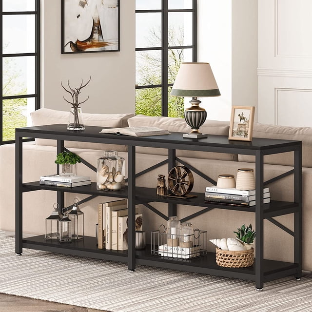 Tribesigns 70.9" Extra Long Console Table, 3-Tier Modern Wood Sofa Table for Living Room, Black