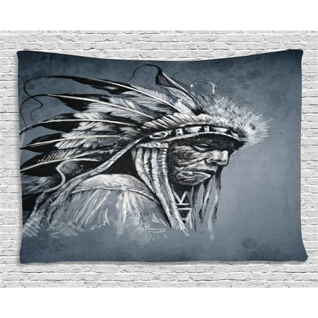 Native Americans Feathers - Native American Tapestry, Hand Drawn Tribe Chief Head with Feathers Vintage Style Ethnic Art, Wall Hanging for Bedroom Living Room Dorm Decor, 60W X 40L Inches, Grey Black White, by Ambesonne