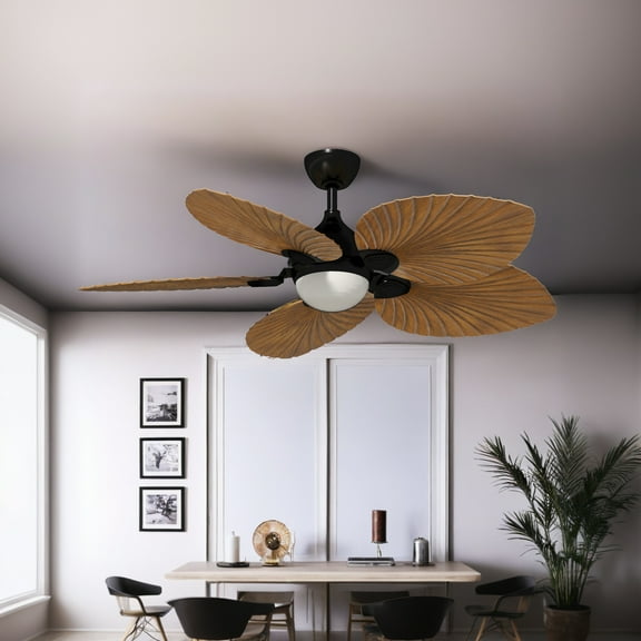 Uforic 52 Inch Tropical Palm Leaf Ceiling Fan (Doe), Silent DC Motor, 6-Speed, Walnut-Black Blades