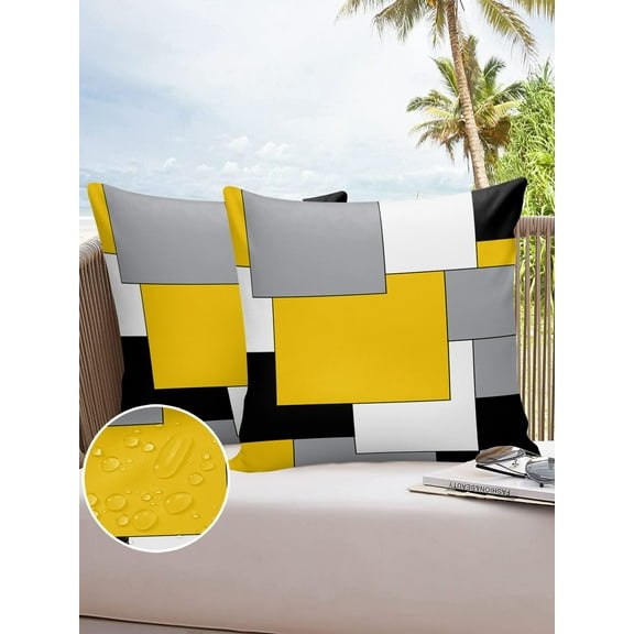 Abstract Modern Geometric Art Outdoor Pillow Covers Waterproof Throw Pillow Cover 18x18in Set of 2,Square Decorative Pillowcases Cushion Case for Patio Sofa Couch,Yellow Gray Black White Color Block