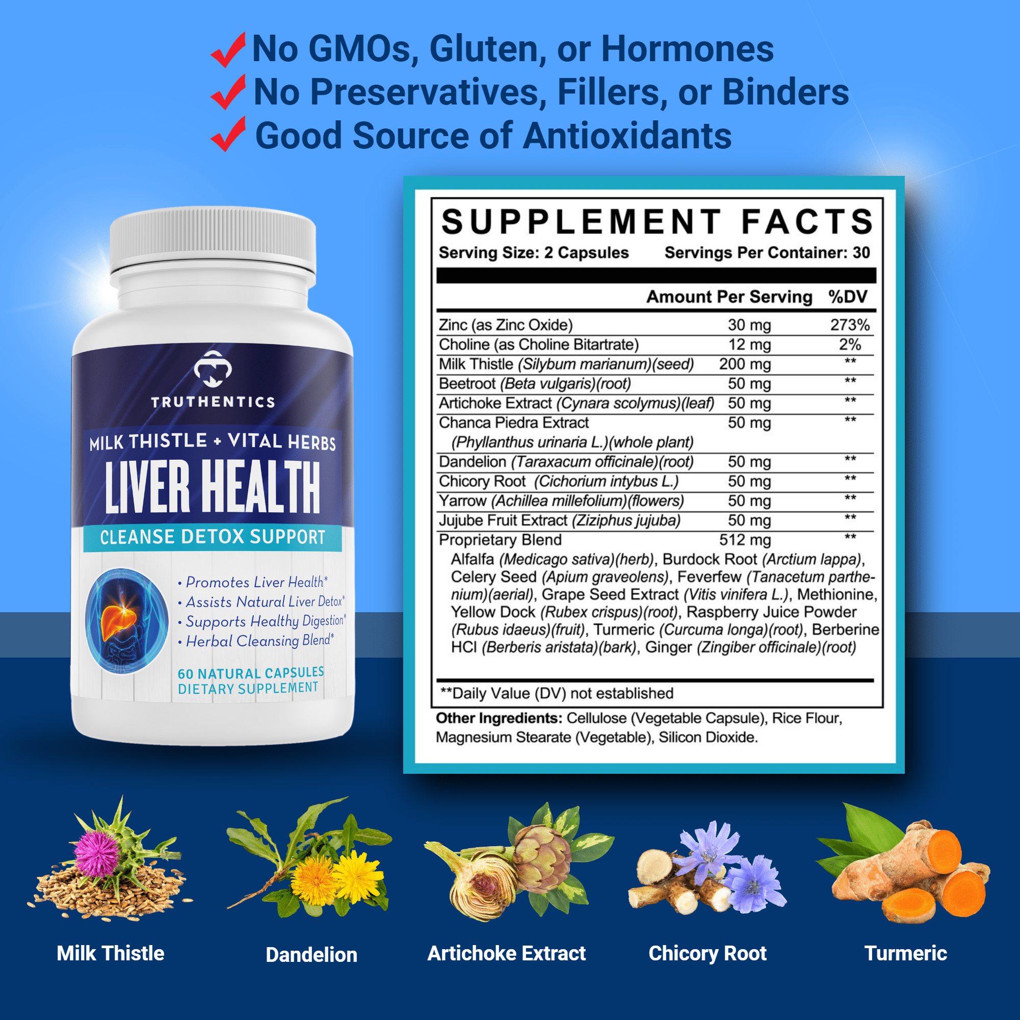 Truthentics Liver Health Supplement 2 Pack – Milk Thistle, Artichoke, Dandelion & Turmeric Formula for Daily Liver Support – 120 Capsules