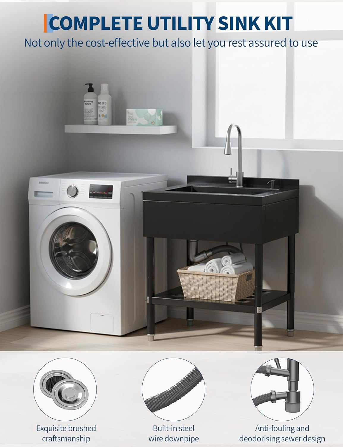 Stainless Steel Utility Sink,Freestanding Deep Basin Work Sink,Heavy-Duty Industrial Sink with Splash for Garage Workshop Laundry Room & Man Cave,Black,25.7" × 20.7" × 39.5"