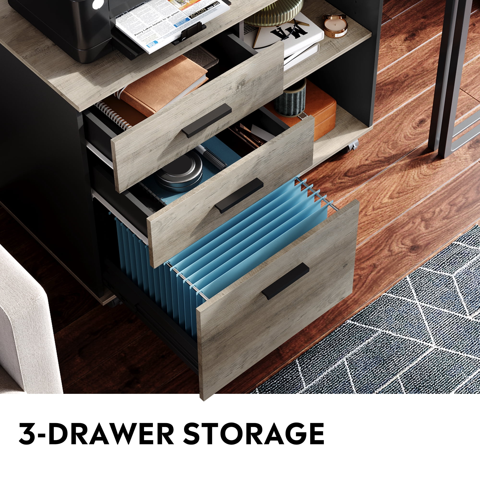 GALAXHERO 3-Drawer Filing Cabinet, Mobile Lateral File Cabinet, Printer Stand with Open Shelves, Wood Office Cabinet,Greige