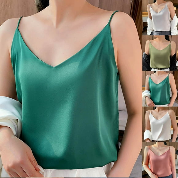 Summer Savings Clearance!yoeyez Women's Summer Tops,White Satin Tank Tops for Women Ladies Spaghetti Strap Sleeveless Tee Women Silk Blouse Satin Vest Green,M