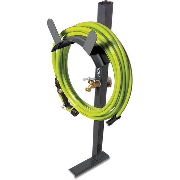 WJSP SJ-SHSBB-GRY Steel Garden Hose Stand with Brass Faucet and Quick Install Anchor Base, Gray - Heavy-Duty Standing Water Hose Holder for Outdoor Gardening System