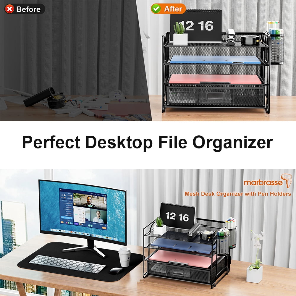Marbrasse 4-Tier Desk Organizer with Drawer – Multi-Functional Desktop File Holder with Pen & Pencil Cup, Letter Tray Organizer for Office Supplies, Black Metal File Organizer for Home and Office