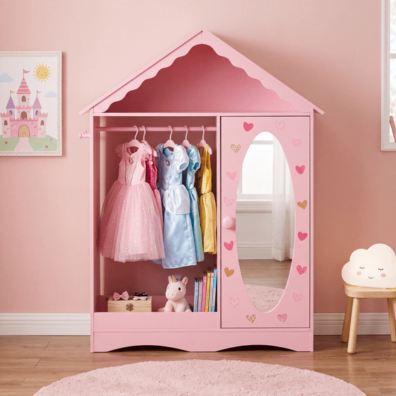 PAWON Kids Dress Up Wardrobe with Mirror,Kids Wardrobe Closet, Dress Up Armoire, House-Shaped Pink Costume Storage Armoire