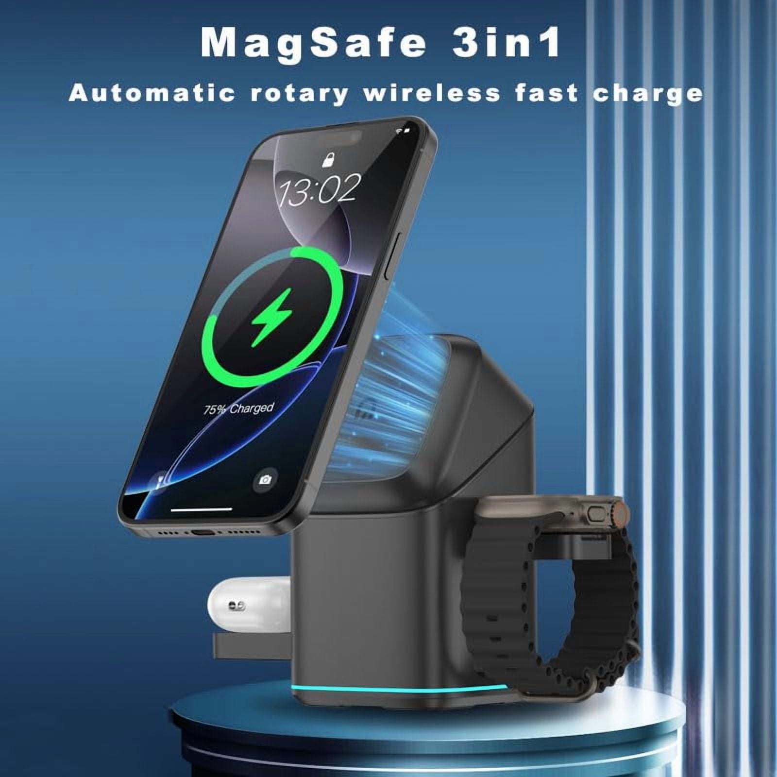 Subsistenceed 3-in-1 Wireless Charging Station  Magnetic Foldable Charger with Auto-Rotation, 15W Fast Charging Dock for Smartwatch, Phone & Earbuds