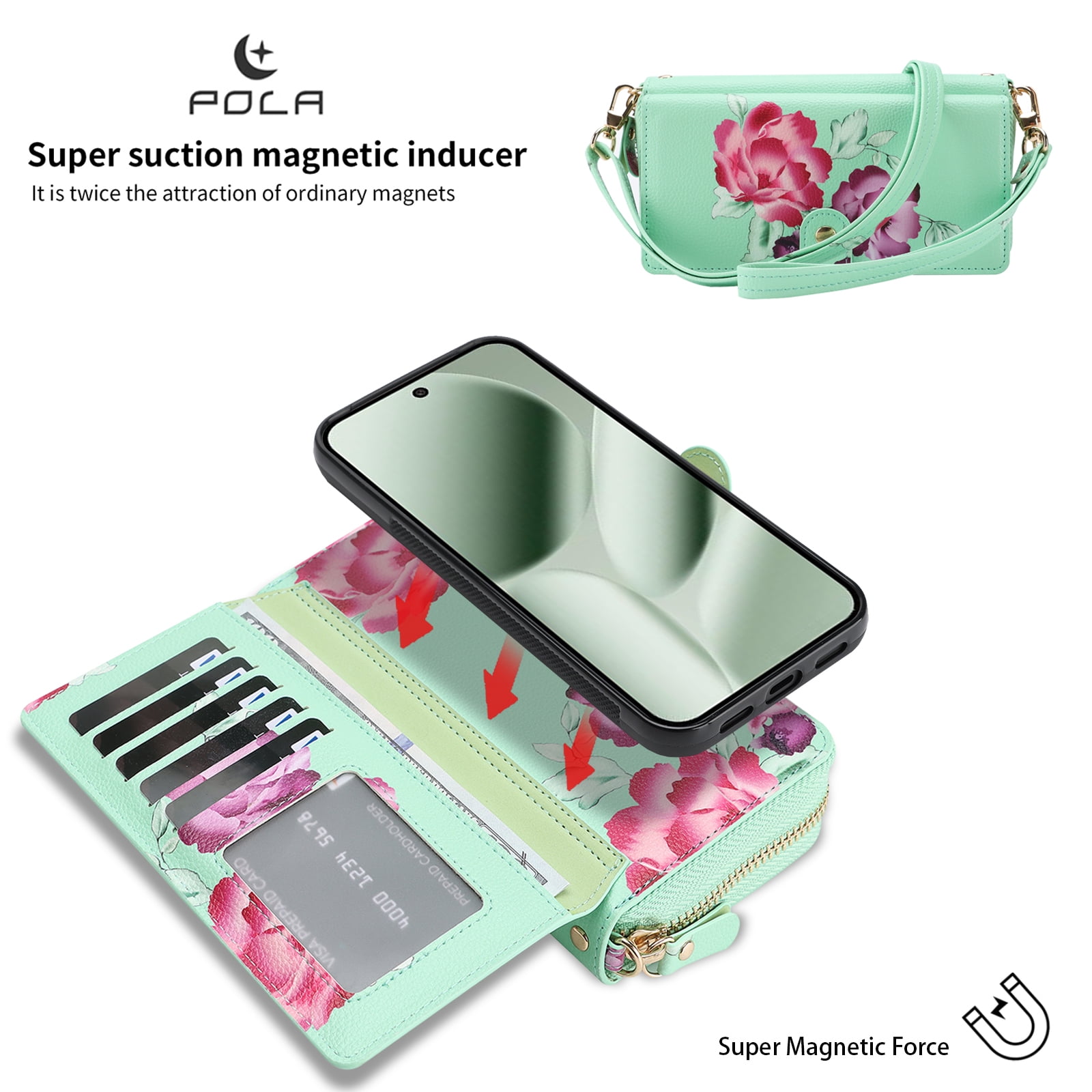 TECH CIRCLE 2-in-1 Wallet Case for Google Pixel 10 / 10 Pro (6.3", 2025), Detachable Magnetic Back Cover, Flip Flower Phone Case with 15 Card Slots, Zipper Pocket, Crossbody Strap, Wrist Strap, Green