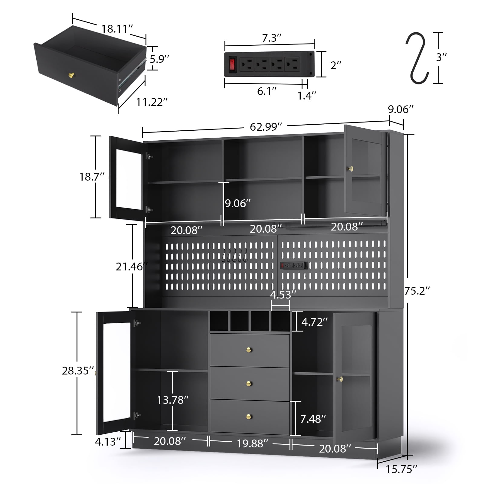 RichYa Kitchen Pantry 63" Spacious Countertop Hutch Cabinet with 3 Drawers Wine Bottle Rack Cup Holder & Power Strip Black