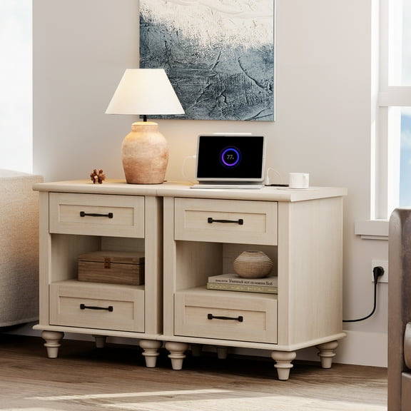 Set of 2 End Tables with 2 Drawers & Open Shelf, Beige Side Table Nightstand with Charging Station for Living Room & Bedroom