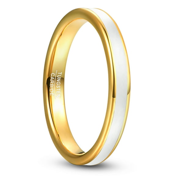3mm Gold Tungsten Ring for Women White Enamel Inlay Wedding Band Polished Edge