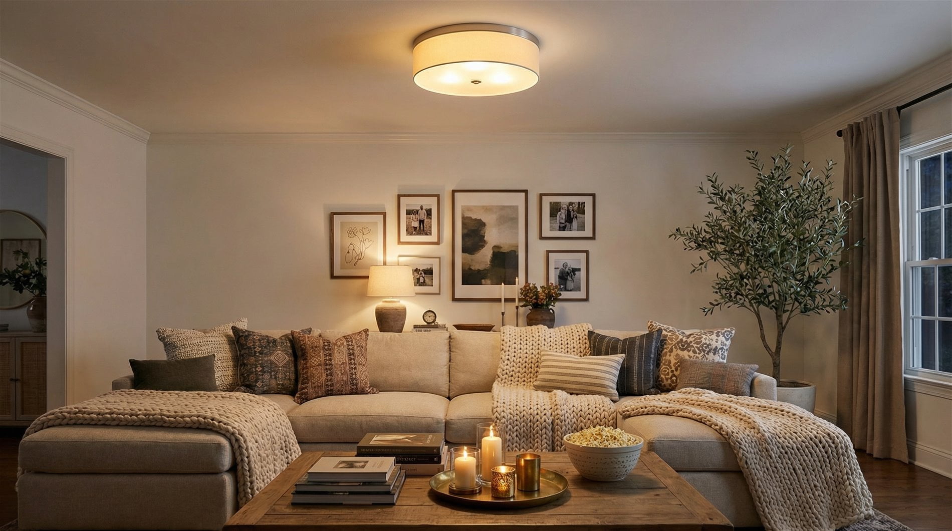 Kira Home Walker 20" Drum Flush Mount Ceiling Light, White Fabric Shade, Frosted Glass Diffuser, Close to Ceiling