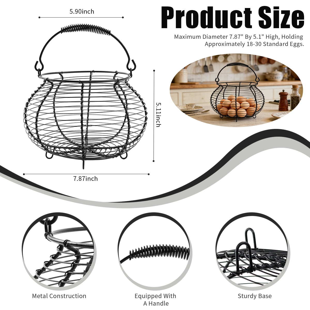 Farmhouse Wire Egg Basket with Handle - Round Metal Chicken Egg Holder for Collecting Fresh Eggs and Countertop Display