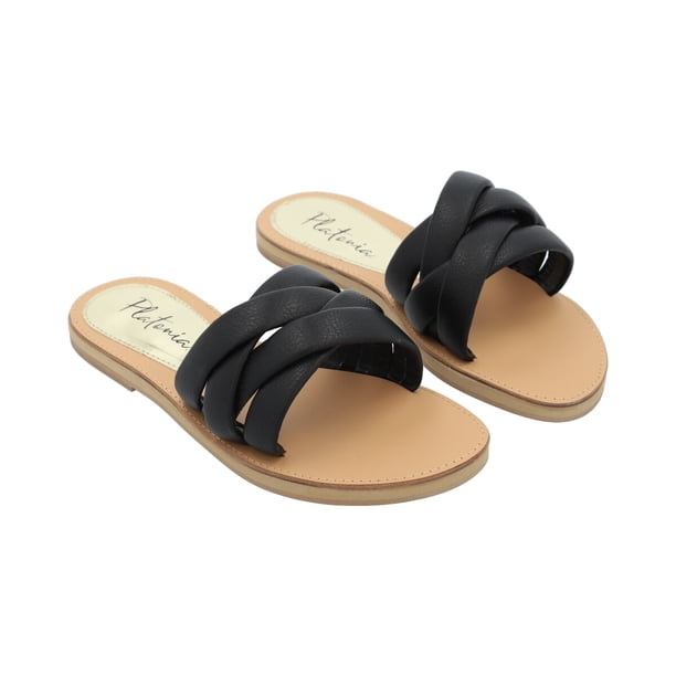 Sandalia Plana Para Mujer Color Negro Acolchada De Piel Platonia AJIJIC-03-NEGRO