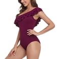 thumbnail image 1 of Ruffled Bathing Suits, Pure Color One Piece Swimsuit One Shoulder Asymmetric  For Women For Vacation Wine Red L, 1 of 6