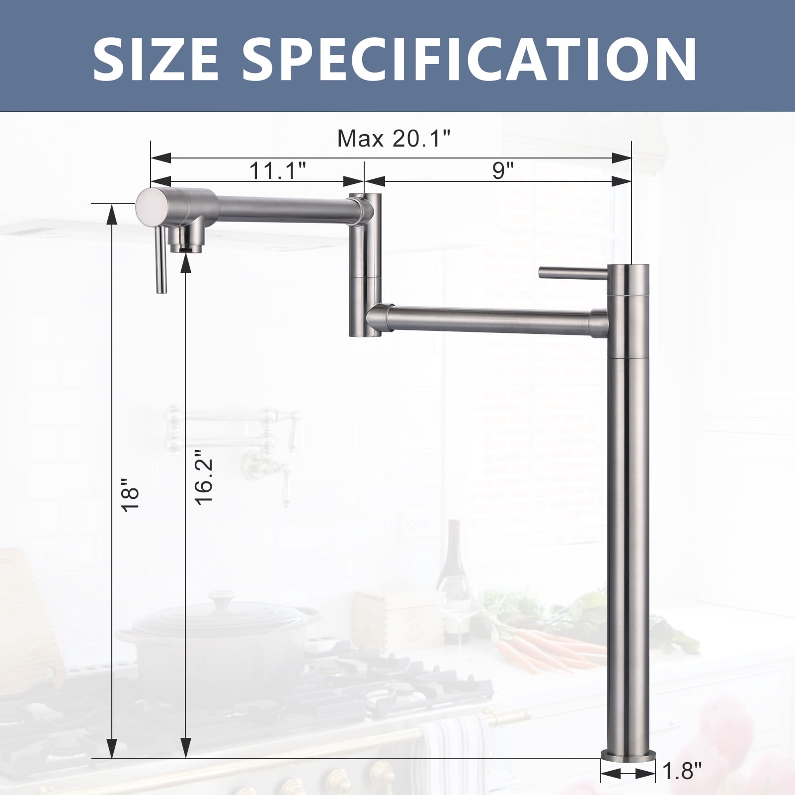 Wowow Pot Filler Faucet Deck Mount Stove Faucet, Solid Brass Pot Filler Brushed Nickel Kitchen Folding Faucet with Stretchable Double Joint Swing Arm