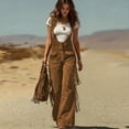 thumbnail image 4 of Women Vintage Jumpsuits Fringed Trim Wide Leg Cargo Overall Bibs Button Up Fashion Retro Rompers One Piece (XL, Khaki), 4 of 8