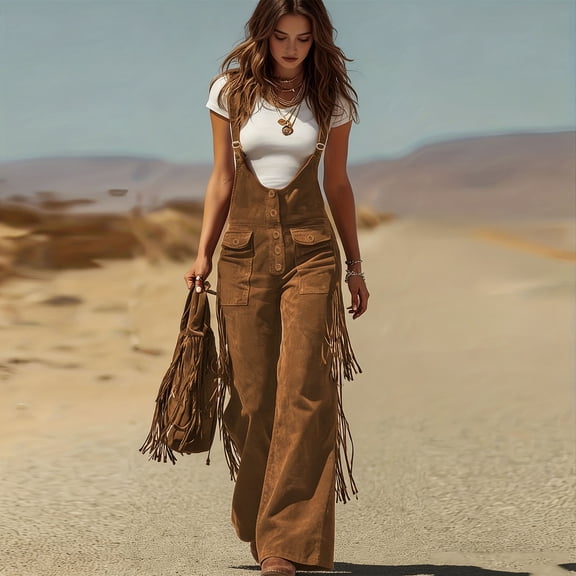 Nuoqisi Women's Retro Fringe Wide Leg Overalls Button Pocket Solid Color Jumpsuit - Vintage Inspired One-Piece for Boho Style
