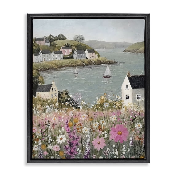 Stupell Industries Seaside Cottages & Sailboats Black Framed Floater Canvas Wall Art, design by Riley B