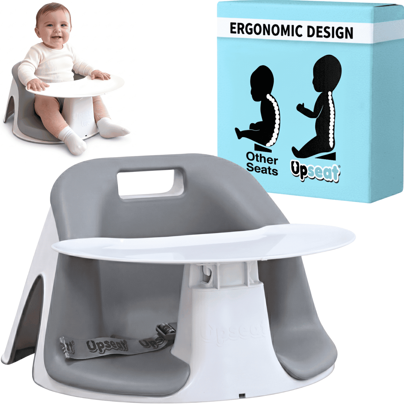Upseat Core Ergonomic Baby Floor Seat with Removable Tray & Cushion, Lightweight Portable Infant Sitting Chair for Upright Posture & Healthy Hip Development, Easy-Clean Design