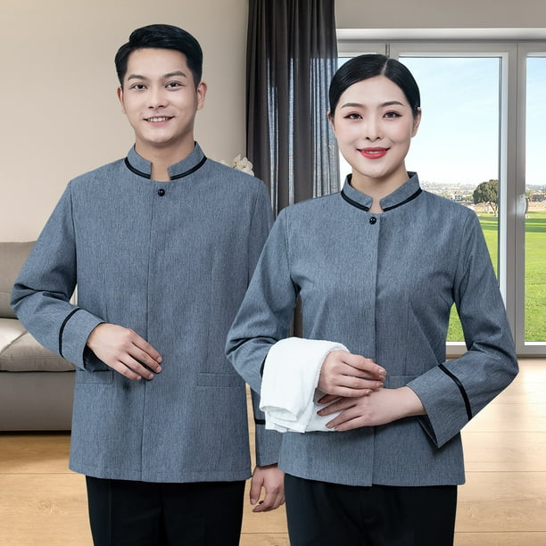 Housekeeping Uniforms Long Sleeved Comfortable Straight Back Breathable  Waitress Clothing for Hotels Restaurants Coffee Shops Beige XL Men's style
