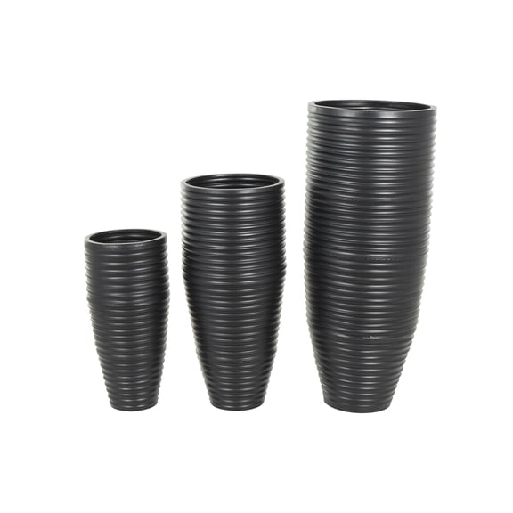DecMode 46", 35", 27"H Ribbed Tall Floor Black Metal Vase with Horizontal Grooves, Set of 3
