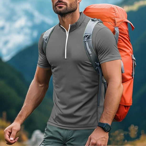 pstuiky Camisas de vestir de manga corta para hombre, Camiseta deportiva de verano para hombre, de color liso, ajustada, con cremallera, de manga corta y cuello alto ropa de hombre l