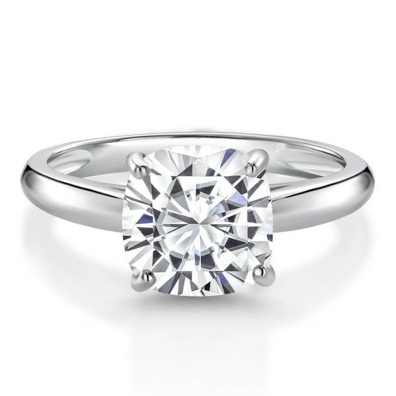 Gem Stone King 10K White Gold White Moissanite Solitaire Engagement Ring for Women (2.40 Cttw, Cushion 8MM, Gemstone Birthstone, Size 8)