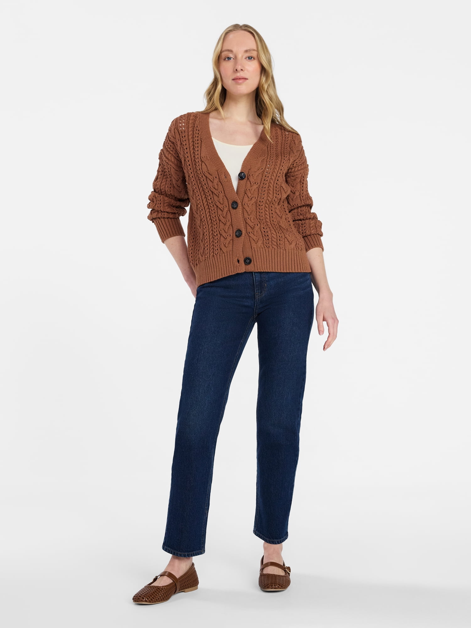 Time and Tru Women's Cable Knit Cardigan Sweater with Long Sleeves, Lightweight, Sizes XS-XXXL