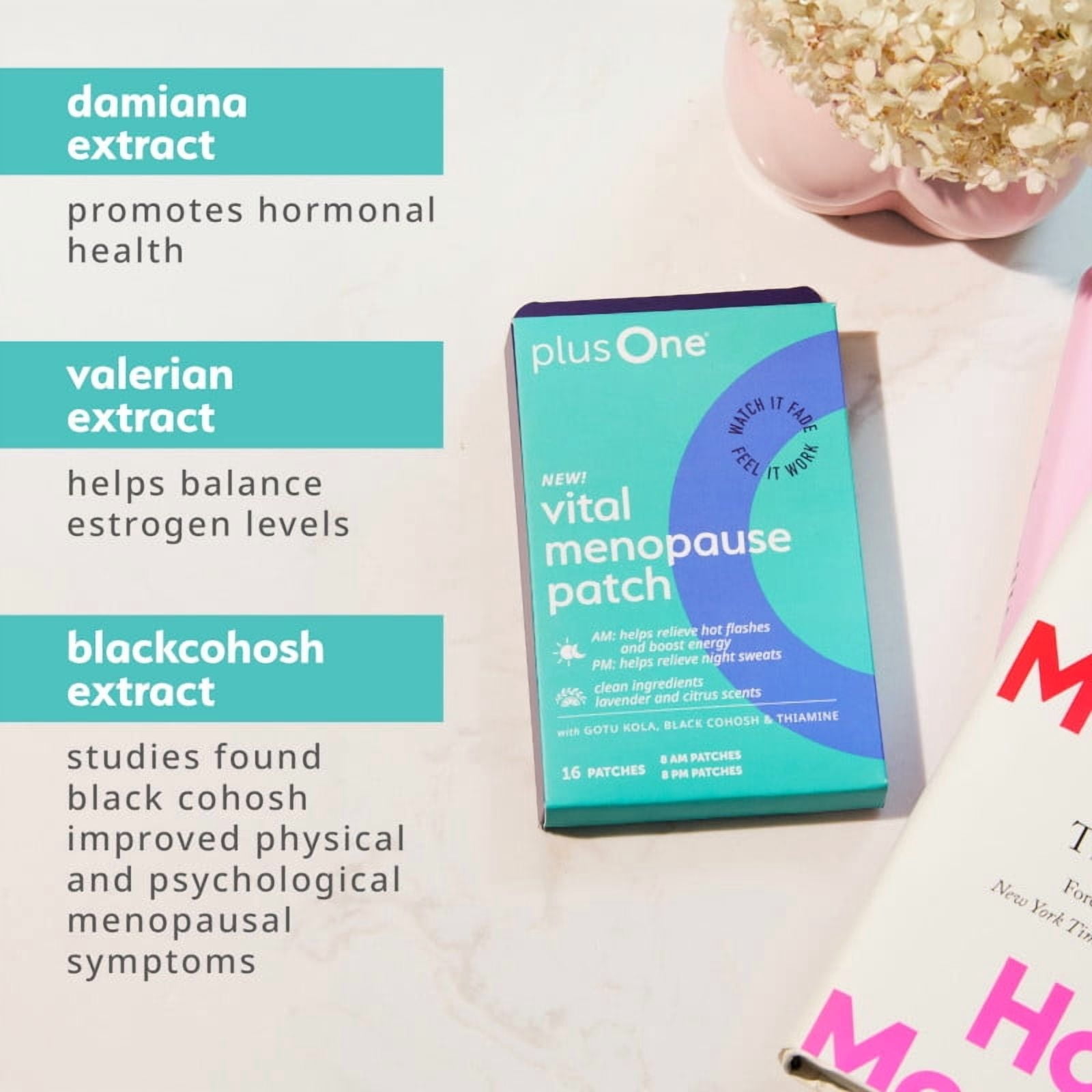 plusOne Vital Menopause Patches, AM for Hot Flash Relief, PM for Night Sweats Relief, 16 Count