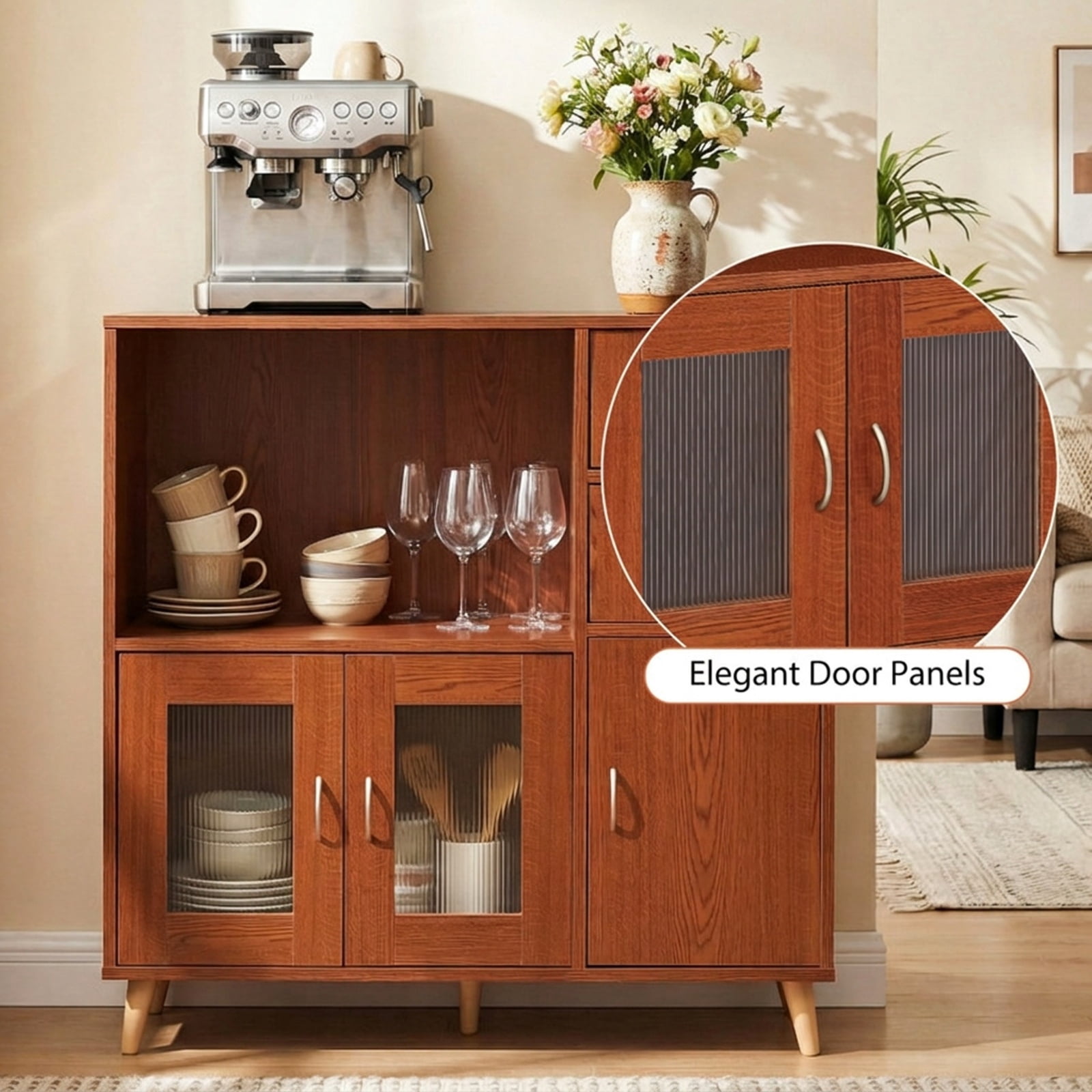 Furnibear 36 Inch Sideboard Buffet Cabinet with Open Compartment for Kitchen Dining Living Room Buffet Storage Server, Brown