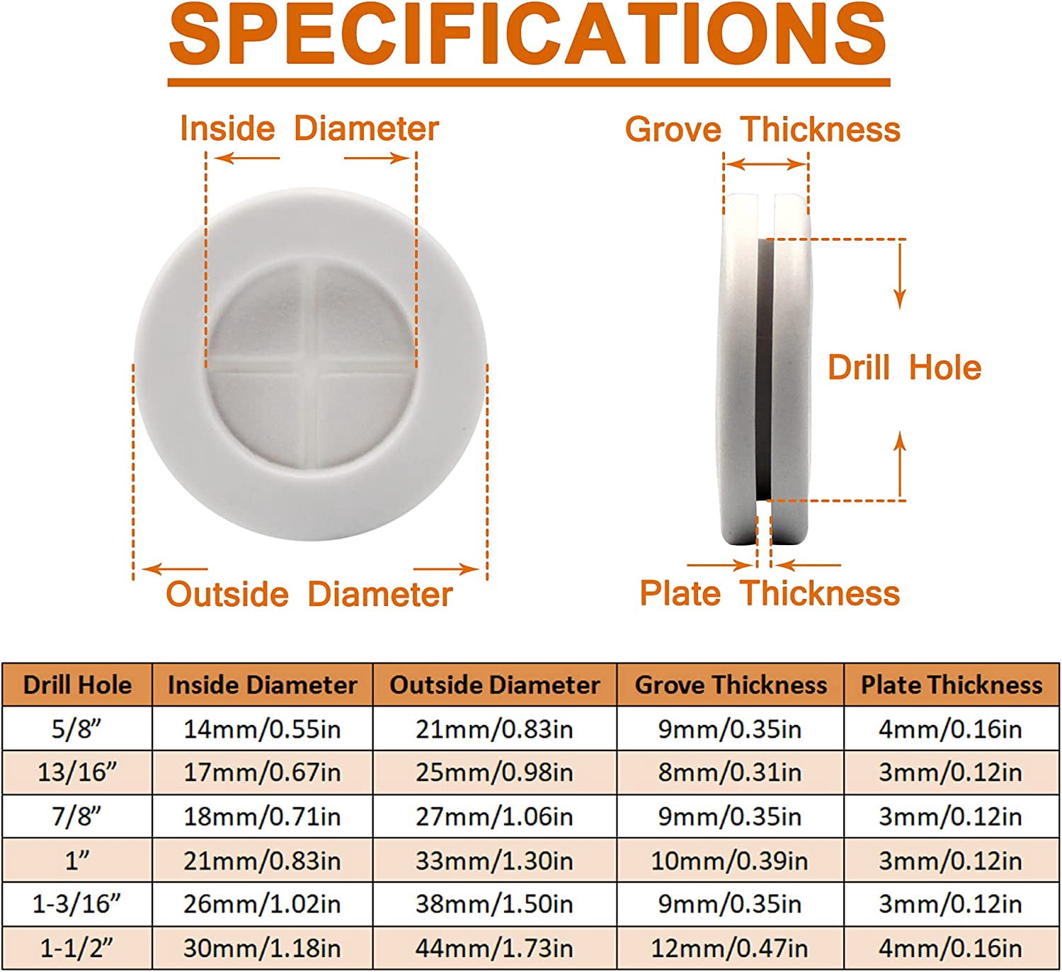 52pcs 6 Sizes Rubber Grommet, Double Sided Round Rubber Hole Plug, Drill Hole 5/8" 13/16" 7/8" 1" 1-3/16" 1-1/2" (White)