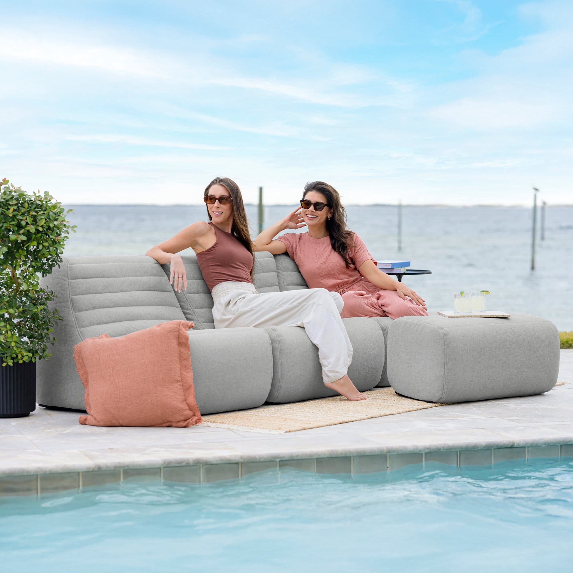 Big Joe Solvana Outdoor Sectional, 4 Piece Patio Furniture Set, Performance Linen Weather-Resistant Fabric Sofa, Port Gray