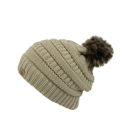 - Halo Ribbed Slouch Beanie Cap Hat With Fur Pom Pom