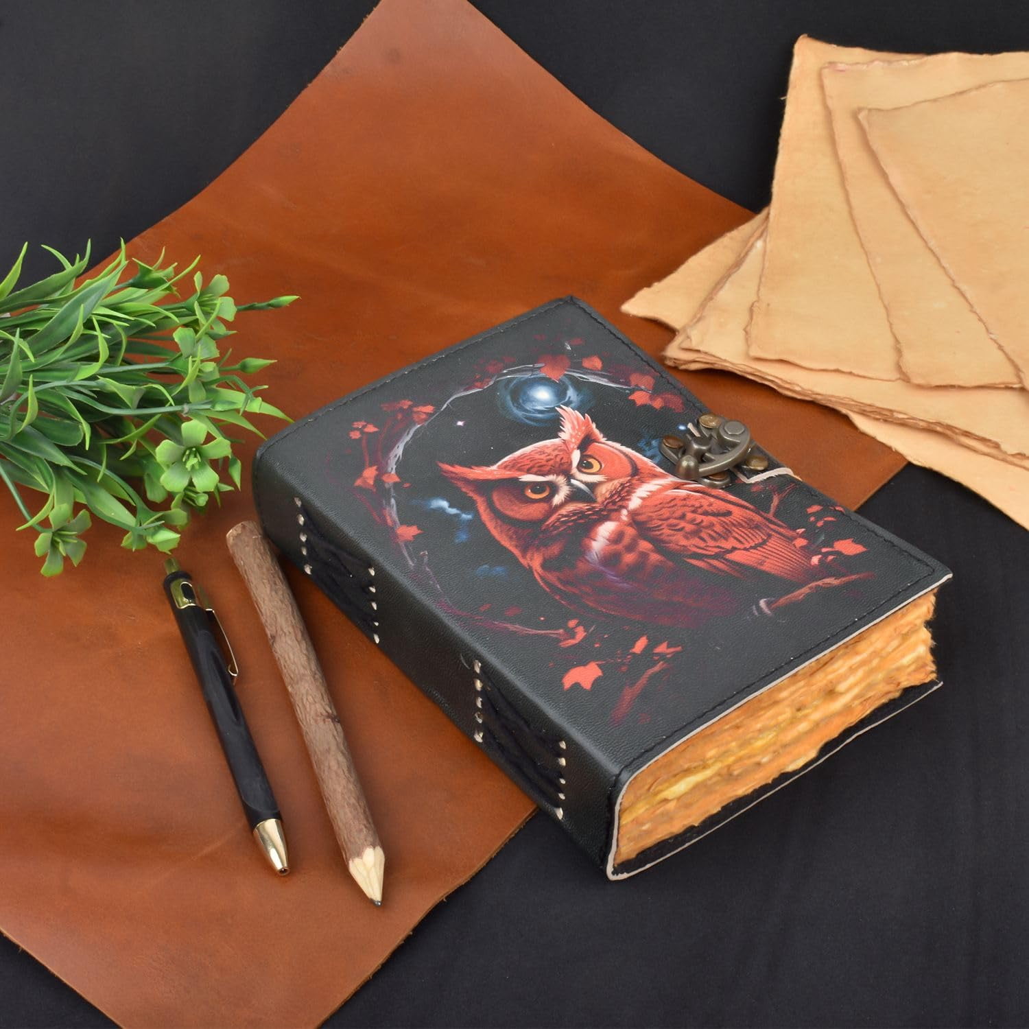 Handmade Leather Journal with Red Owl Design, Vintage Lock Diary Notebook, Gothic Art Writing Journal Gift