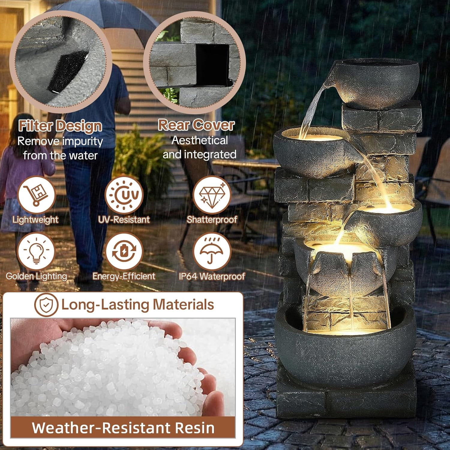 HOMEDIARY Modern 33" Tall Outdoor Water Fountain, Large 5-Tier Cascading Bowls Waterfall Fountain with LED Lights, Stone Texture Floor-Standing Resin Water Feature for Deck, Patio, Backyard & Indoor