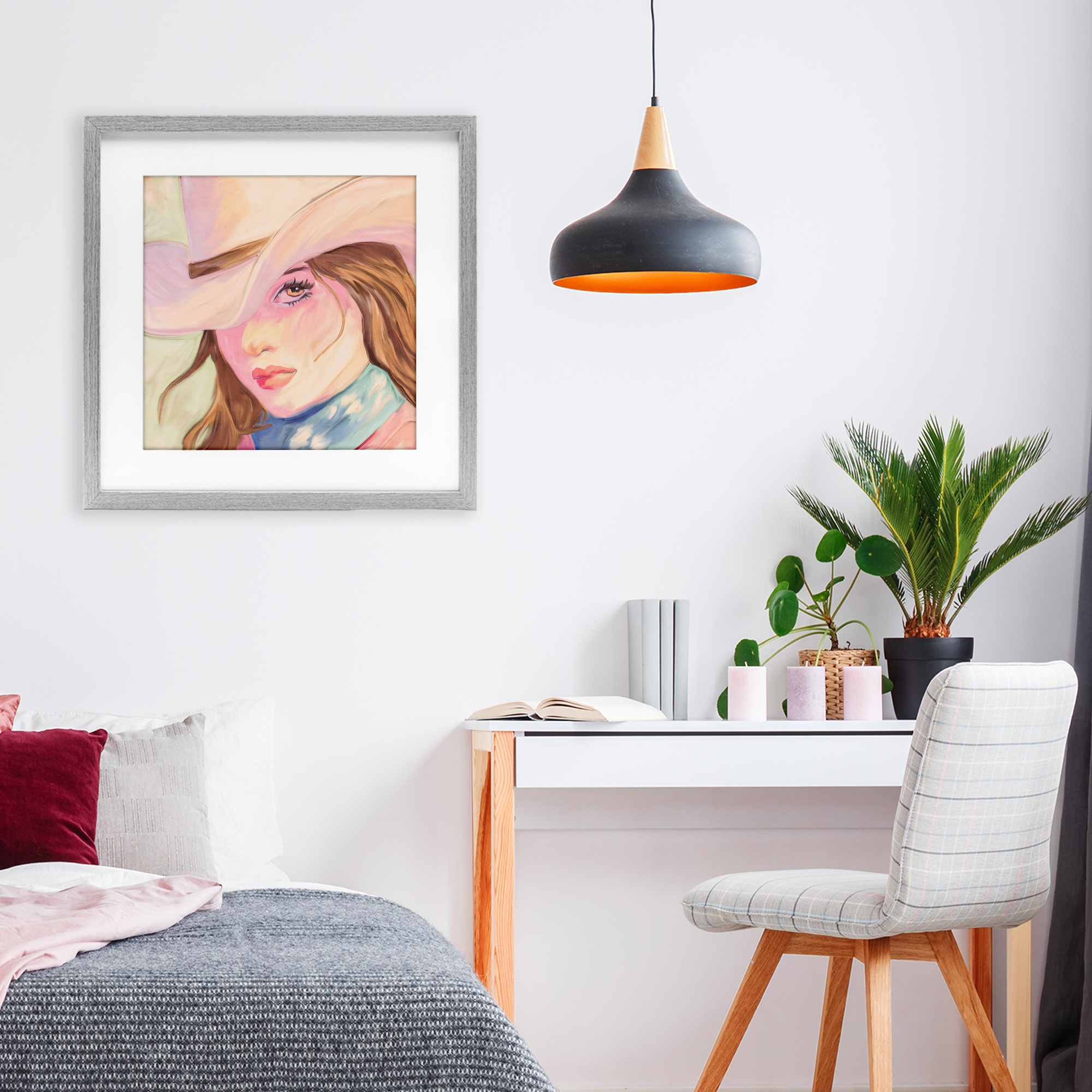 Pastel Cowgirl Brunette Gray Framed Print Under Glass, design by Kim Allen
