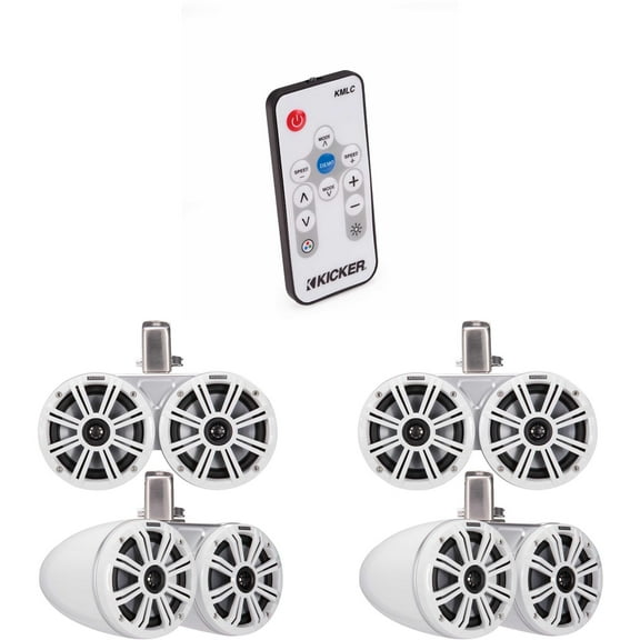 Kicker (2 pair ) 45KMTDC65 Marine Tower Speakers with Swivel Clamps & 45KM654L Speakers White Grills with White Enclosures ( Includes LED Remote )