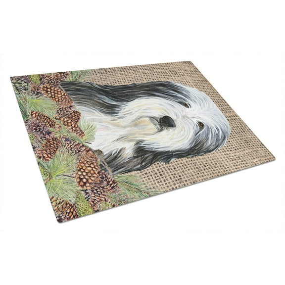 Carolines Treasures SS4087LCB Bearded Collie on Faux Burlap with Pine Cones Glass Cutting Board Large, 12H x 16W,